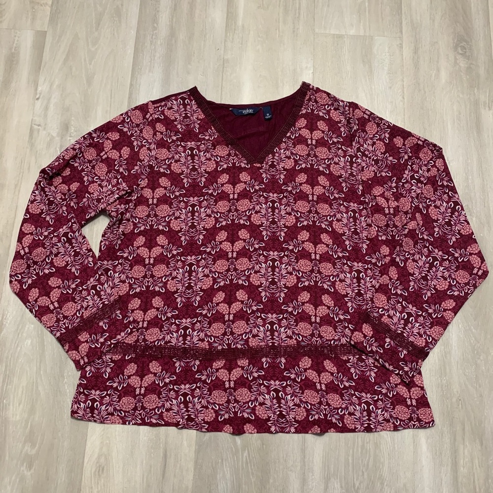 Maroon Burgandy Floral Blouse Top Sz 1X